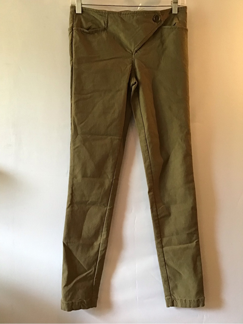 387 Max Studio Olive Green Asymmetrical Cross over waist slim pants Sz 4